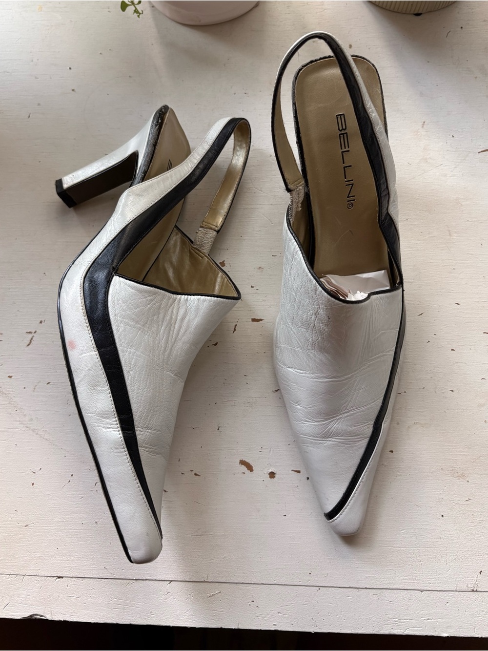 White and Black Leather Slingback Heels - Women's Fashion Pump